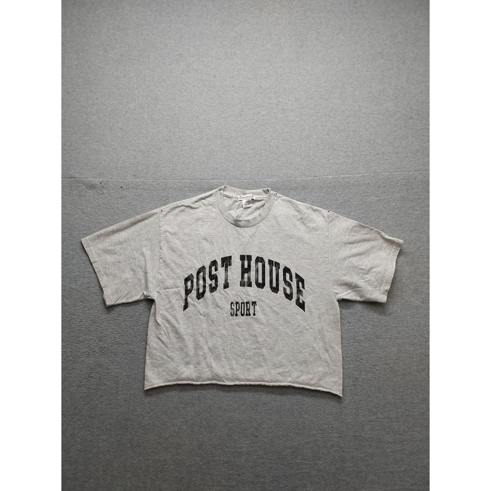 Firstport Women Top M Gray Graphic Tee 100% Cotton Cropped Short Sleeve Casual
